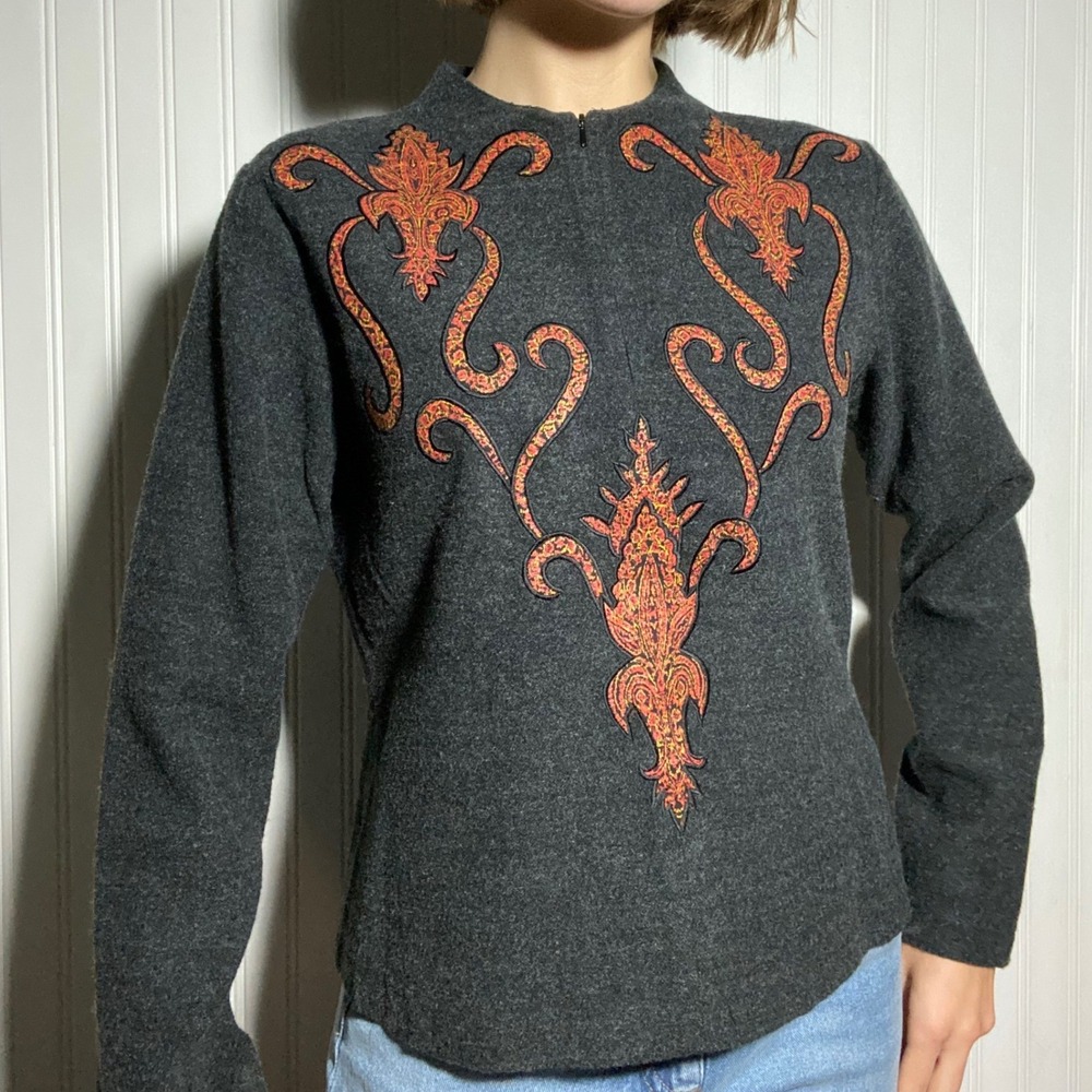 VTG Wool Blend Embroidered Quarter Zip Pullover Academia Fall Vintage Layering-M